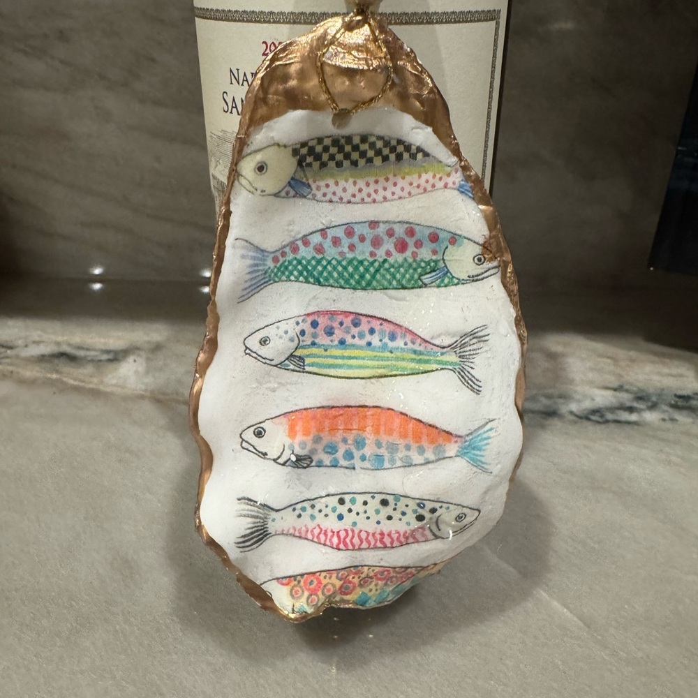 Handmade Oyster Decoupage Shell Fish Decor with Gold Accents - Picture 3 of 9